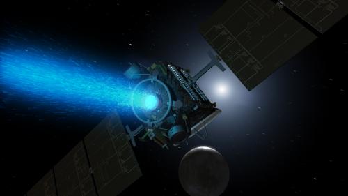 An artists inpression of DAWN's ion propulsion thrusting into orbit around Ceres