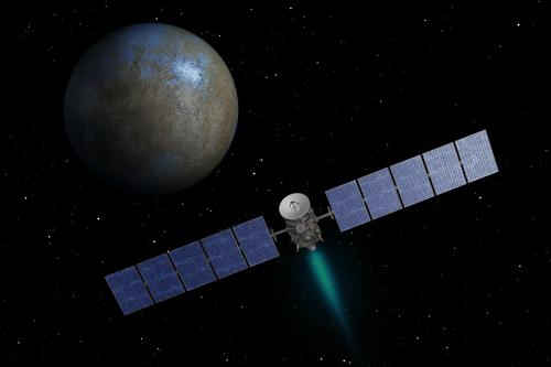 An artists impression of DAWN arriving at dwarf planet Ceres