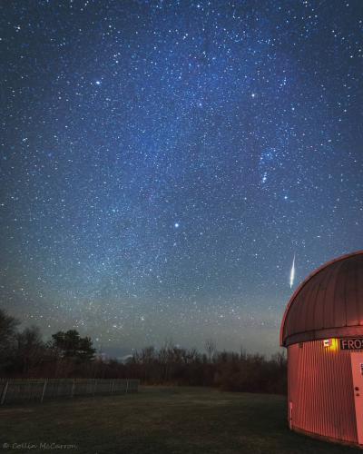 During early December 2018, <a href='https://www.instagram.com/mistadrone/' title='Collin McCarron'>Collin McCarron</a> was out at Frosty Drew Observatory capturing a stunning star trail photo of the southern sky when an intense Taurid fireball meteor ripped into view. The meteor lit up the ground and startled all in attendance. Taurid fireballs are common from September - early December yearly.