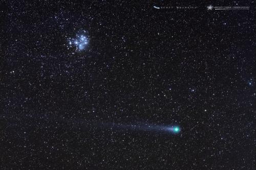<p>Comet C/2014 Q2 Lovejoy, a long period comet with an orbital period of 8,000 years has been putting on quite a show for skywatchers across planet Earth. Lovejoy has moved high in the skies of the Northern Hemisphere as it makes it way towards perihelion, its closest point to the Sun. The comet's tail has been very exciting to watch as it has been subject to frequent disconnect events spawned by interactions with the solar wind and CME activity.</p><p>In this photo captured at Frosty Drew Observatory in January 16, 2015; Comet Lovejoy is seen with a super sexy tail passing about 4º from the Pleiades Open Star Cluster (Messier 45).</p><p>-Scott</p>