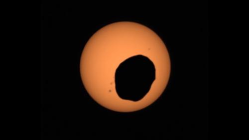 A solar eclipse happened on Mars last week when Phobos, Mars' largest moon passed in front of the Sun. Credit: NASA/JPL-Caltech/ASU/MSSS/SSI