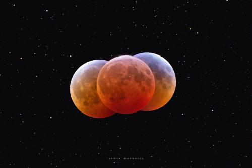 Maximum eclipse stage of the Januay 2019 Total Lunar Eclipse. Movement of the Moon in the image is due to lunar rate vs sidereal rate. Image credit: Frosty Drew Astronomy Team member, Scott MacNeill.