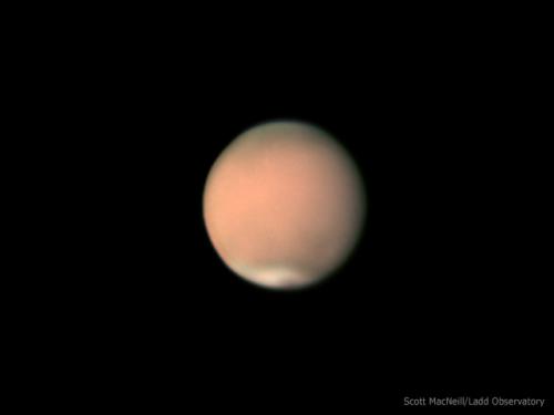 Mars covered in a planet wide dust storm on July 5, 2018. Image credit: Scott MacNeill / Ladd Observatory