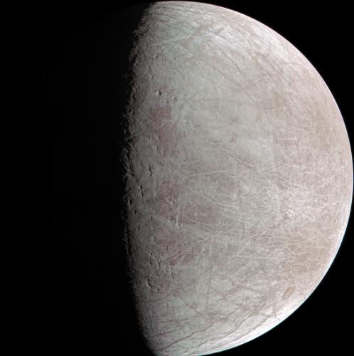 Jupiter's icy Moon Europa, captured on September 29, 2022 by the NASA Juno spacecraft. Credit: