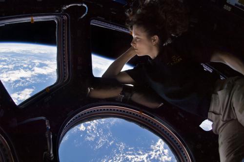 Tracy Caldwell-Dyson viewing Earth from the International Space Station.