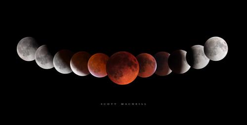 A sequence of the primary stages of the Full Flower Moon Lunar Eclipse of May 2022. Credit: Frosty Drew Astronomy Team member, Scott MacNeill