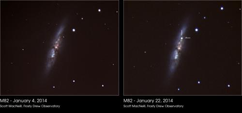 <p>Here is a comparison of two shots I captured of M82 - the Cigar Galaxy. On the left is M82 on January 4, 2014 showing no supernova. On the right is M82 on January 22, 2014 clearly showing the supernova taking place. This supernova could still brighten significantly over the next week.</p><p>-Scott</p>