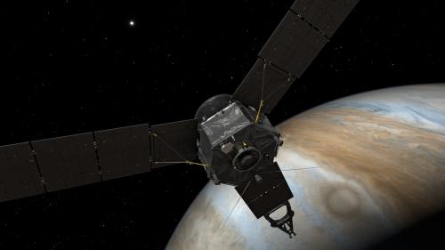 An artist rendering of Juno at Jupiter. Image:  NASA/JPL-Caltech