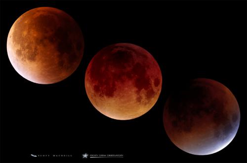 This photo showcases the total eclipse stage of the Harvest Moon Eclipse on September 27, 2015. The bottom right shows the Moon at the moment it entered Earth's Umbra, the center shows the Moon at maximum eclipse, top left shows the Moon at the moment it began to exit Earth's Umbra. -Scott