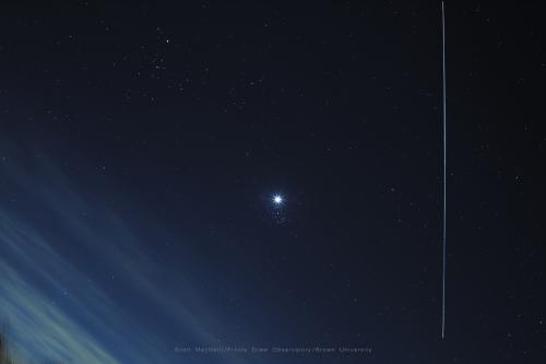 Venus, the Pleiades, and the International Space Station all in conjunction, captured by Scott MacNeill at Frosty Drew Observatory.