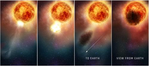 An artists impression of a dense dust cloud over Betelgeuse southern hemisphere. Credit: NASA, ESA, and E. Wheatley (STScI)