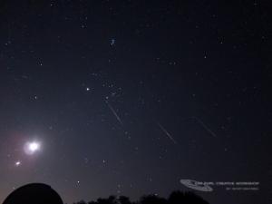 Three Perseid Meteors over Frosty Drew Observatory. Photograph by Scott MacNeill