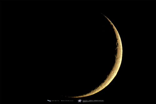 The super thin 6% waxing crescent Moon. Credit: Frosty Drew Astronomy Team member, Scott MacNeill, captured this image with the Meade 16 inch telescope.